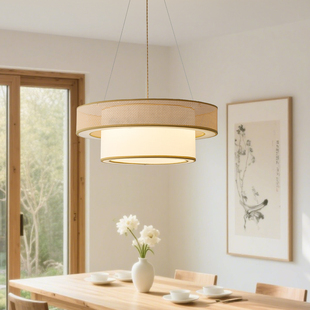 日式侘寂风吊灯客厅原木风餐桌新中式民宿茶室餐厅藤编灯具民宿