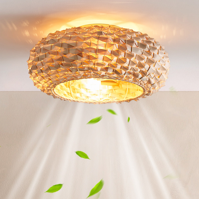 茶室风扇吸顶灯诧寂风竹编卧室书房餐厅复古风遥控变频静音灯具