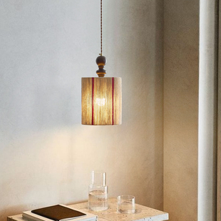 中古风餐厅灯胡桃木麻绳吧台灯法式 复古侘寂风高级感卧室床头吊灯