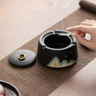 茶几防风带盖防飞灰 创意陶瓷烟灰缸家用客厅茶桌日式 黑陶远山