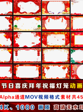 新年节日祝贺喜庆拜年祝福灯笼动态边框透明MOV通道Alpha视频素材