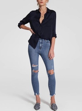 国内现货 Nobody Denim 高腰蓝色破洞不规则毛边九分小脚牛仔裤女