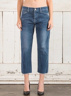 清仓Fidelity泫雅蓝色灯芯条绒毛边宽松阔腿老爹九分直筒牛仔裤女