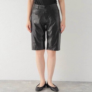黑色高腰仿皮涂层直筒牛仔五分短裤 现货 时尚 Margiela 女 Maison