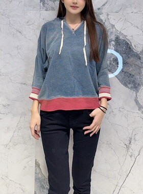 国内现货 Current/Elliott复古做旧水洗蓝色拼接宽松显瘦连帽卫衣