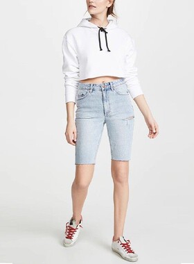 清仓现货 KSUBI 纯棉 百搭高腰浅蓝色破洞毛边牛仔自行车中短裤女