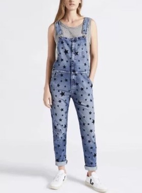 国内现货 Current/Elliott深蓝色植绒黑色星星显瘦直筒牛仔背带裤