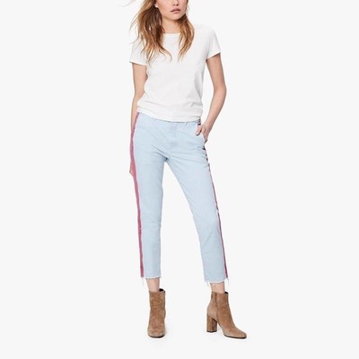 现货 MOTHER 红竖条高腰浅蓝色毛边显瘦宽松老爹九分直筒牛仔裤女