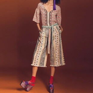 现货TRYB 女 212高腰彩色几何图毛边显瘦长宽松老爹绑带七分阔腿裤