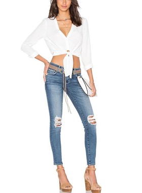 现货 Lovers + Friends 蓝色双破洞显瘦腿长紧身直筒小脚牛仔裤女