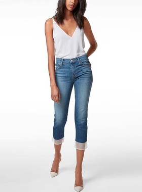 清仓现货J Brand ruby高腰蓝色白网纱边显瘦修身九分直筒牛仔裤女