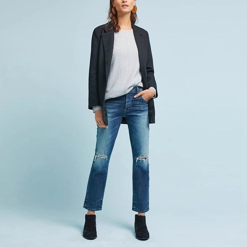 清仓Citizens of Humanity COH铆钉蓝色破洞宽松老爹直筒牛仔裤女