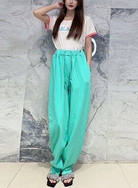 国内现货pushBUTTON薄荷绿松紧抽绳高腰时尚宽松显瘦休闲运动裤女