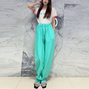 国内现货pushBUTTON薄荷绿松紧抽绳高腰时尚宽松显瘦休闲运动裤女
