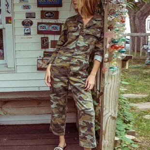 清仓现货MOTHER黄绿色迷彩长袖宽松阔腿九分锥形直筒工装连体裤女