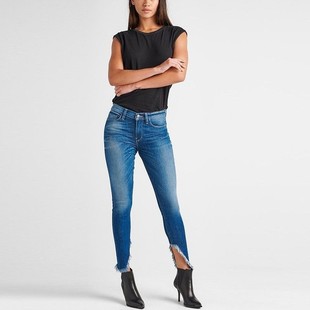 清仓Hudson Jeans中腰蓝色斜衩毛边显瘦紧身九分直筒小脚牛仔裤女