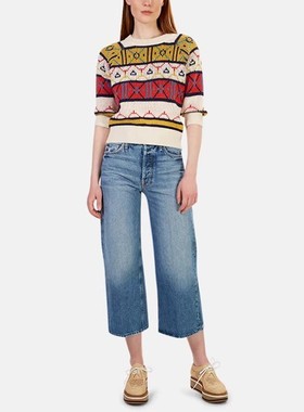 现货 MOTHER 泫雅高腰蓝色猫须磨白显瘦宽松老爹九分阔腿牛仔裤女