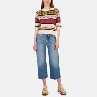 女 泫雅高腰蓝色猫须磨白显瘦宽松老爹九分阔腿牛仔裤 现货 MOTHER