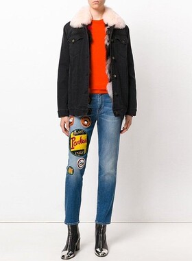 清仓 Mr & Mrs Italy 泫雅中腰刺绣蓝色显瘦宽松老爹直筒牛仔裤女