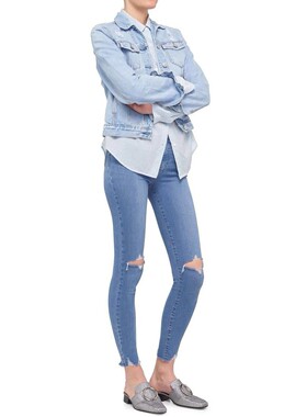 现货Nobody Denim高腰蓝色破洞毛边显瘦紧身九分直筒小脚牛仔裤女