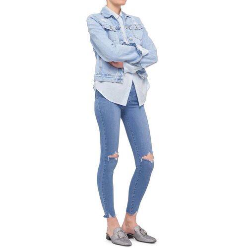 现货Nobody Denim高腰蓝色破洞毛边显瘦紧身九分直筒小脚牛仔裤女