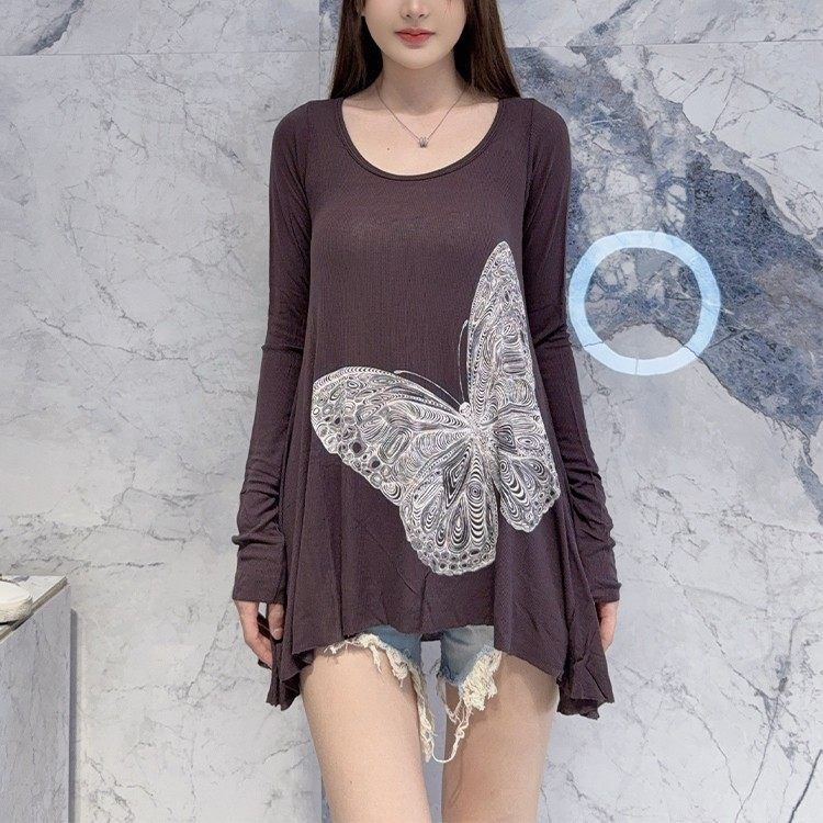 国内现货 Lauren Moshi 巧克力色时尚蝴蝶图案宽松圆领长袖T恤女,女装/女士精品,T恤,淘宝优惠券,粉丝福利购,淘宝优惠卷