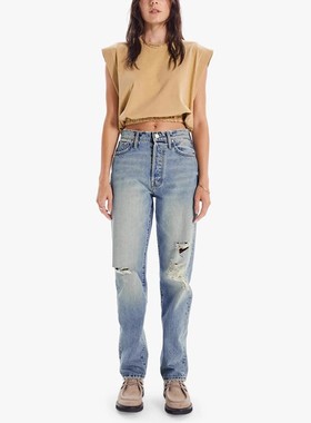 现货 MOTHER 高腰浅蓝色时尚做旧双膝破洞显瘦九分直筒牛仔裤女