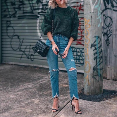 清仓现货 Nobody Denim 超高腰蓝色多破洞不规则毛边直筒牛仔裤女