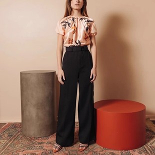 现货 女 GANNI高腰带黑色显瘦腿长宽松老爹拖地OL阔腿喇叭休闲西裤