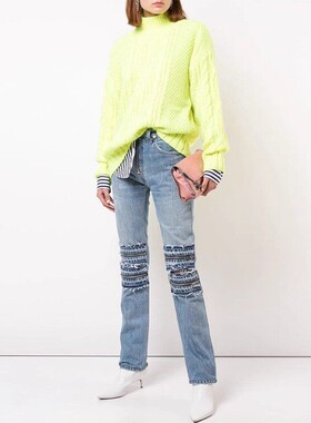 清仓 Re/Done高腰蓝色双破洞外露拉链机车显瘦修身直筒牛仔裤女潮