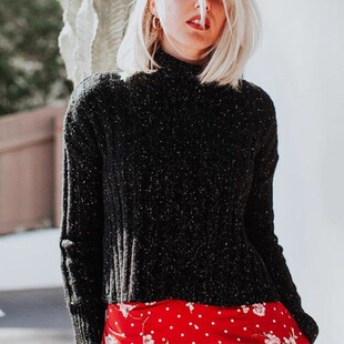 毛衣针织衫 Gela黑色阶梯开衩秋冬高领套头短款 女 清仓现货Pam
