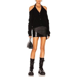 KEREN黑色不规则拼接拉链真皮迷你包臀半身短裙女 denim 现货 RtA