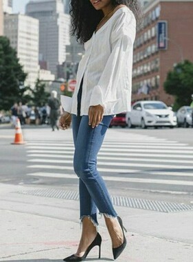 清仓现货3x1 W3蓝色猫须鱼尾弧毛边显瘦腿长修身九分直筒牛仔裤女