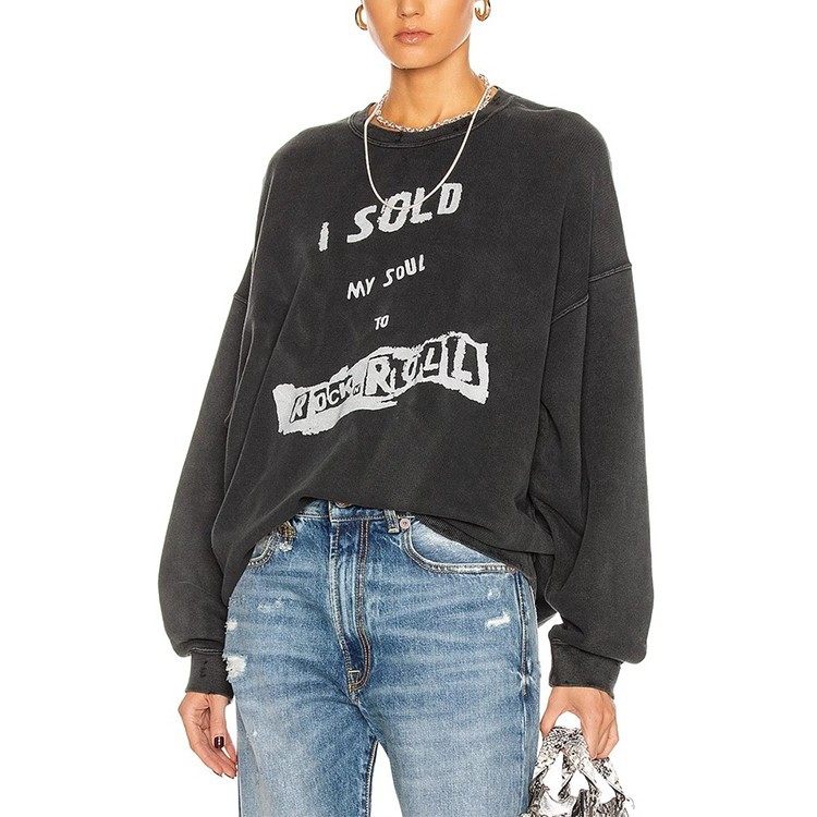 现货 R13 时尚酷帅复古仿旧水洗黑色英文印花宽松oversized卫衣女