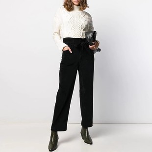 女 kelly泫雅系带高腰黑色天鹅绒宽松阔腿老爹纸袋牛仔裤 清仓 3x1