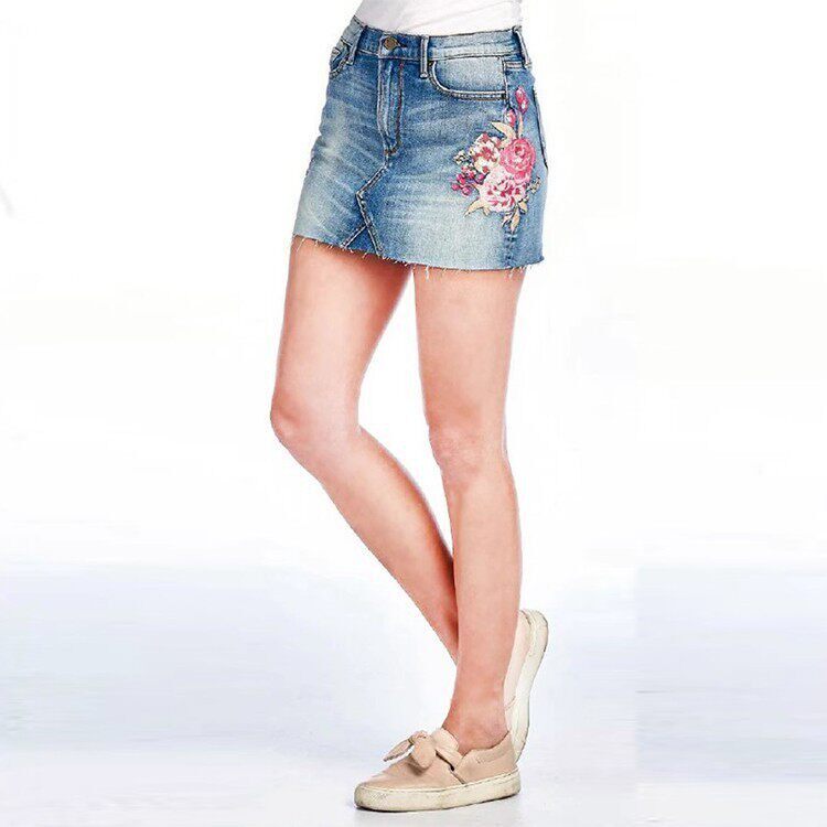 现货 Driftwood花朵刺绣浅蓝色毛边显瘦高腿长紧身迷你牛仔超短裙