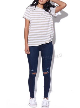 清仓现货Nobody Denim高腰深蓝色双破洞毛边紧身直筒小脚牛仔裤女