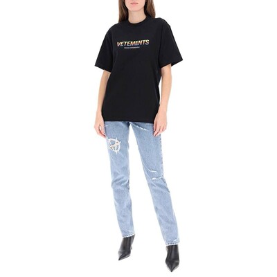 现货 Vetements 彩虹字母纯棉显瘦圆领宽松落肩短袖T恤男女潮黑色