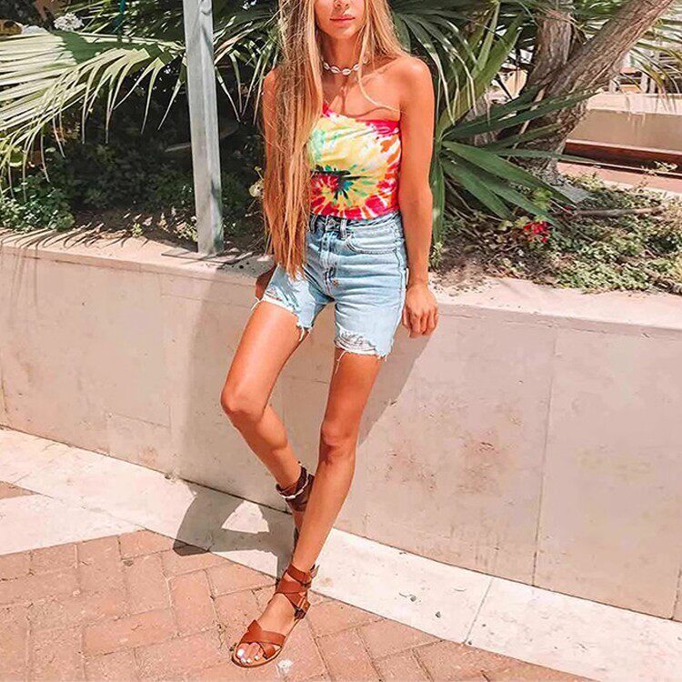 国内现货 KSUBI 纯棉 高腰浅蓝色破洞拉丝牛仔自行车骑行中短裤女