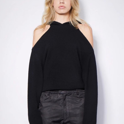 现货RtA denim juno黑色破洞显瘦露肩宽松连帽羊绒针织衫卫衣女潮