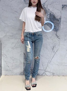 国内现货 Blank Denim中腰蓝色显瘦显腿长破洞拉丝九分小脚牛仔裤