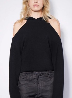 现货RtA denim juno黑色破洞显瘦露肩宽松连帽羊绒针织衫卫衣女潮