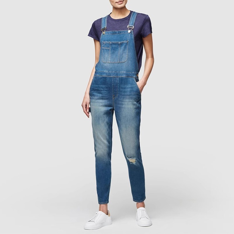 清仓 Frame Denim蓝色单破洞贴袋显瘦高宽松九分直筒牛仔背带裤女