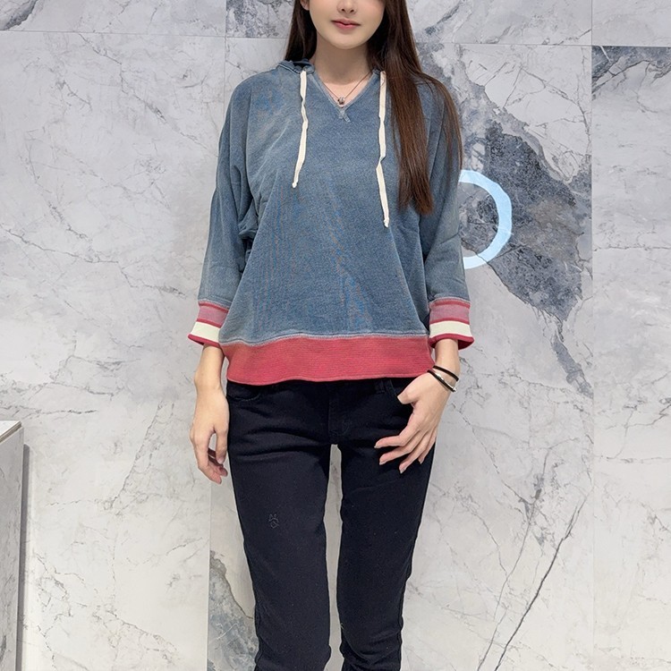 国内现货 Current/Elliott复古做旧水洗蓝色拼接宽松显瘦连帽卫衣