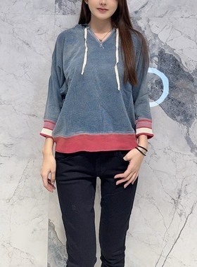 国内现货 Current/Elliott复古做旧水洗蓝色拼接宽松显瘦连帽卫衣