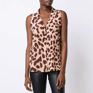 清仓现货EQUIPMENT黄色豹纹真丝V领单排扣显瘦宽松无袖衬衫上衣女