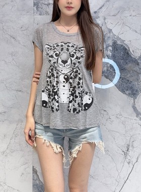 国内现货 Lauren Moshi 灰色时尚桃心太极豹子宽松圆领短袖T恤女