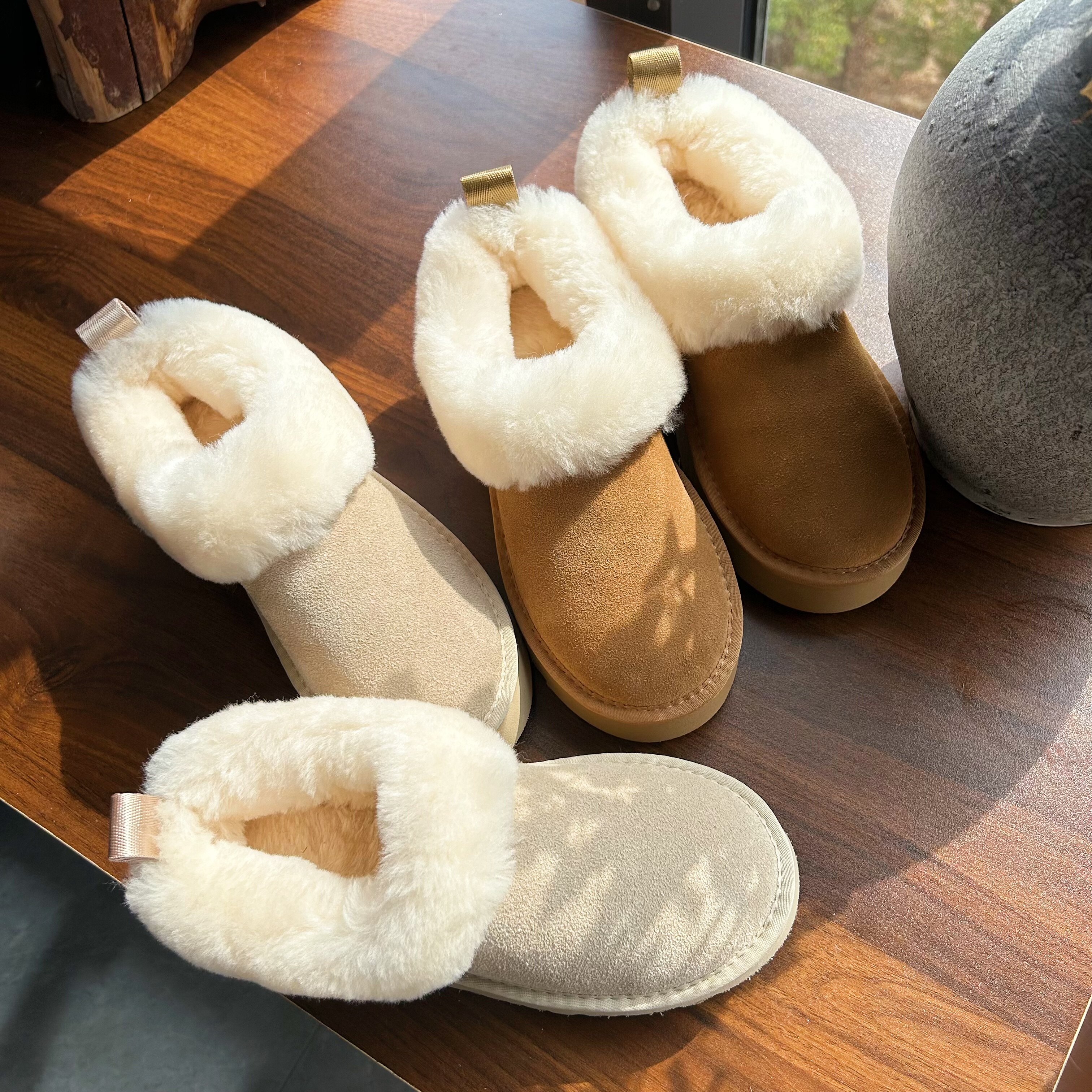 塔茨勒2025冬舒适休闲厚底一脚蹬羊毛雪地靴真皮保暖增高毛毛拖鞋