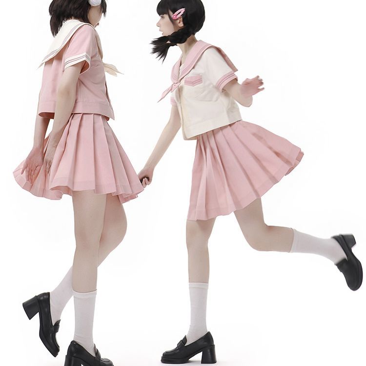 粉色格裙正版原创《早樱女子》JK制服套装水手服学生服百褶短裙
