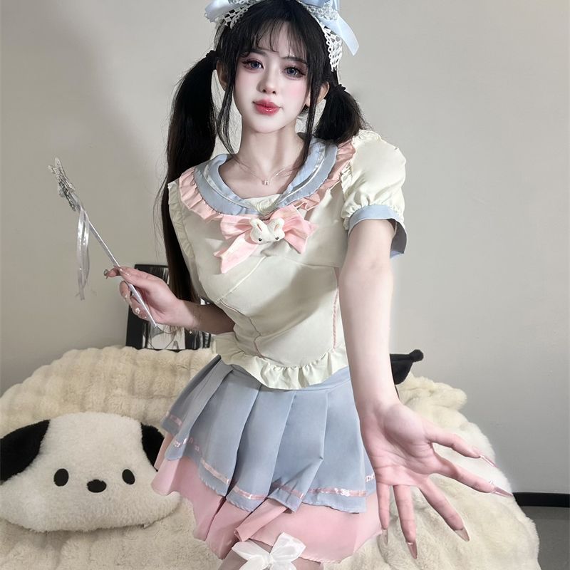 甜美蝴蝶结海军领角色扮演高腰蓬蓬JK裙